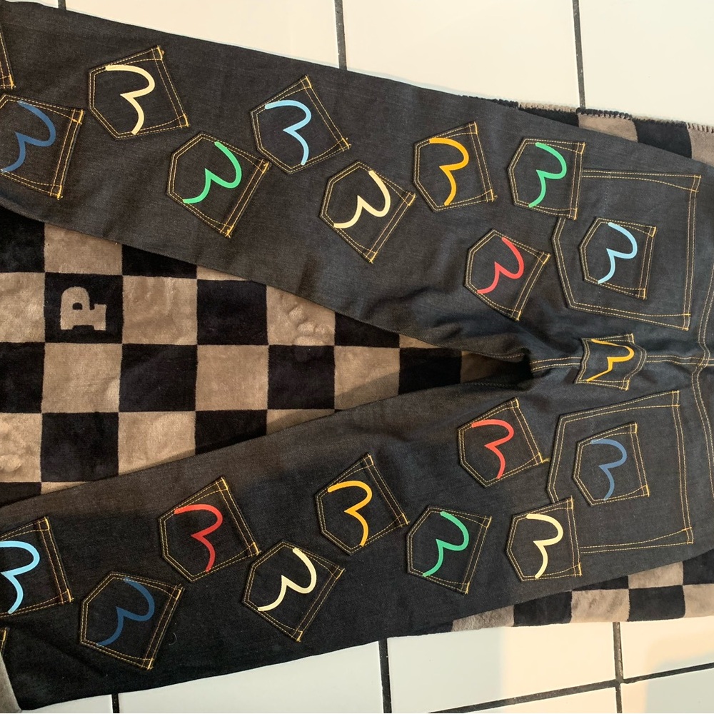 Evisu Black Bootcut Jeans with Multicolor Pockets